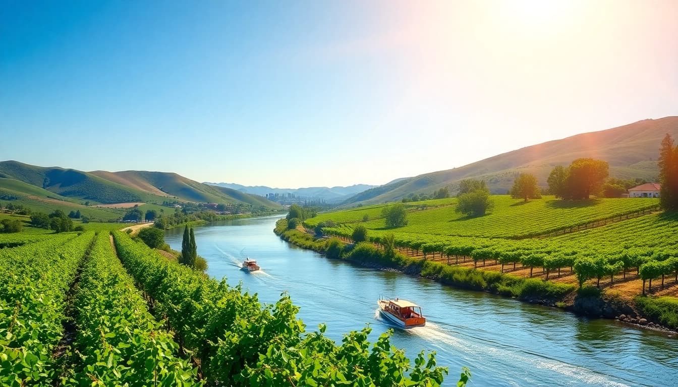 Experience the beauty of Clarksburg, California with lush vineyards and scenic river views.