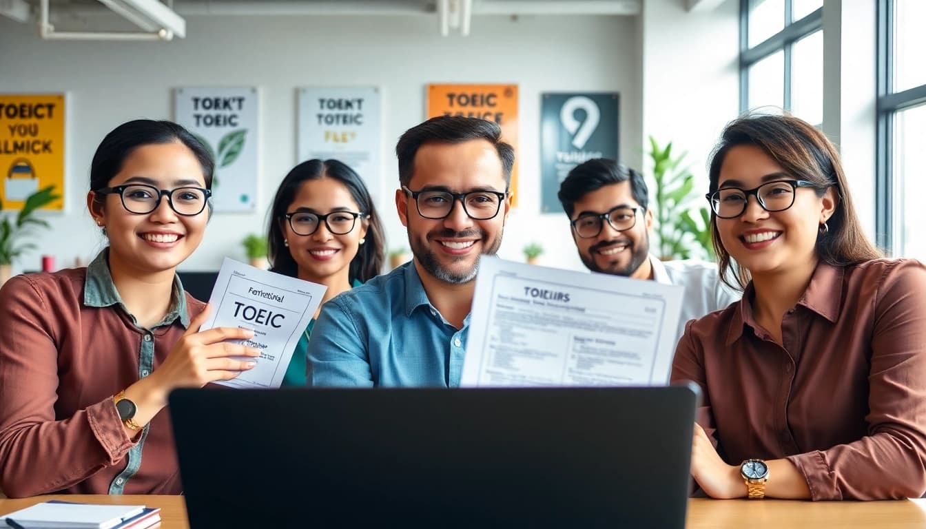 Hire qualified TOEIC test takers for hire in a collaborative office setting.