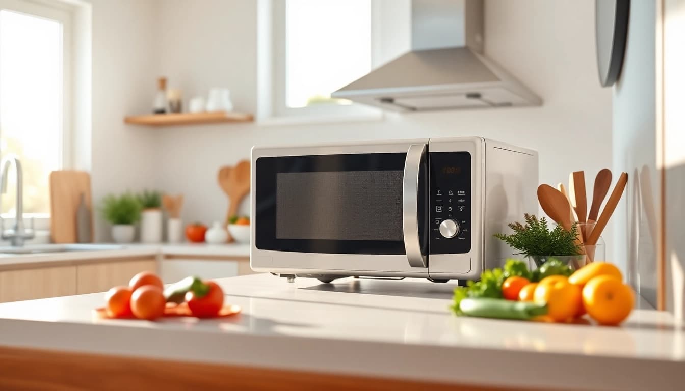A woman using an affordable microwave oven in a modern kitchen setting to heat food.
