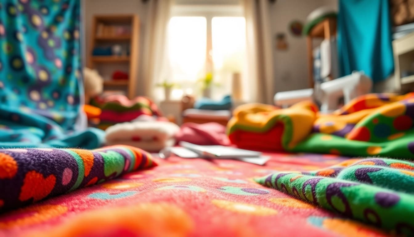 Fleece prints met kleurrijke ontwerpen op stoffen, perfect voor veelzijdige toepassingen.
