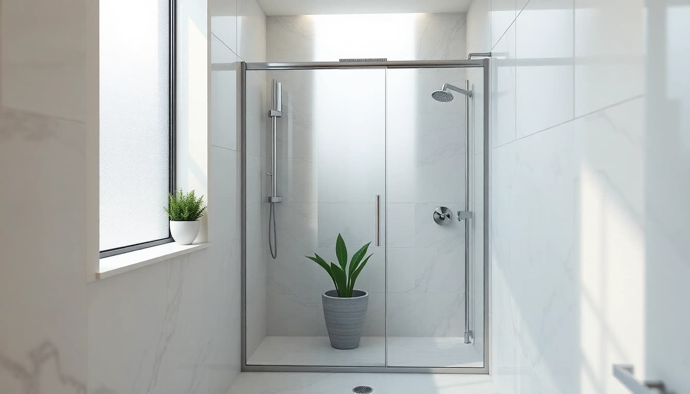 Experience elegant showers with sleek glass design and soft lighting in a modern bathroom.