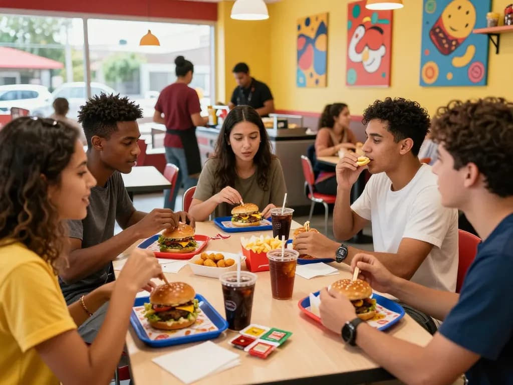 Friends enjoying a fast food menu selection including burgers and fries in a lively restaurant setting.