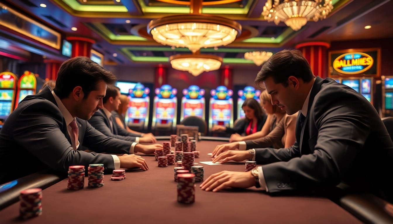 Nohu casino scene featuring intense poker gameplay, lavish décor, and vibrant slot machines.