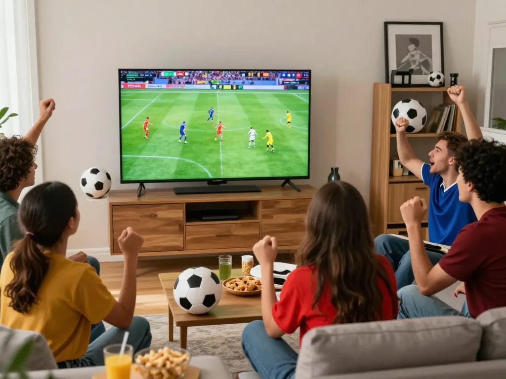 CakhiaTV live streaming scene with passionate football fans enjoying high-definition match experience together.