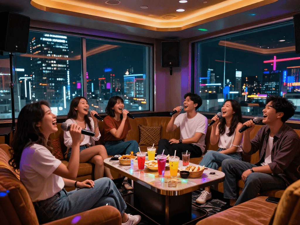 도파민 가라오케의 고급스러운 분위기와 LED 조명이 빛나는 룸에서 친구들이 노래하는 장면