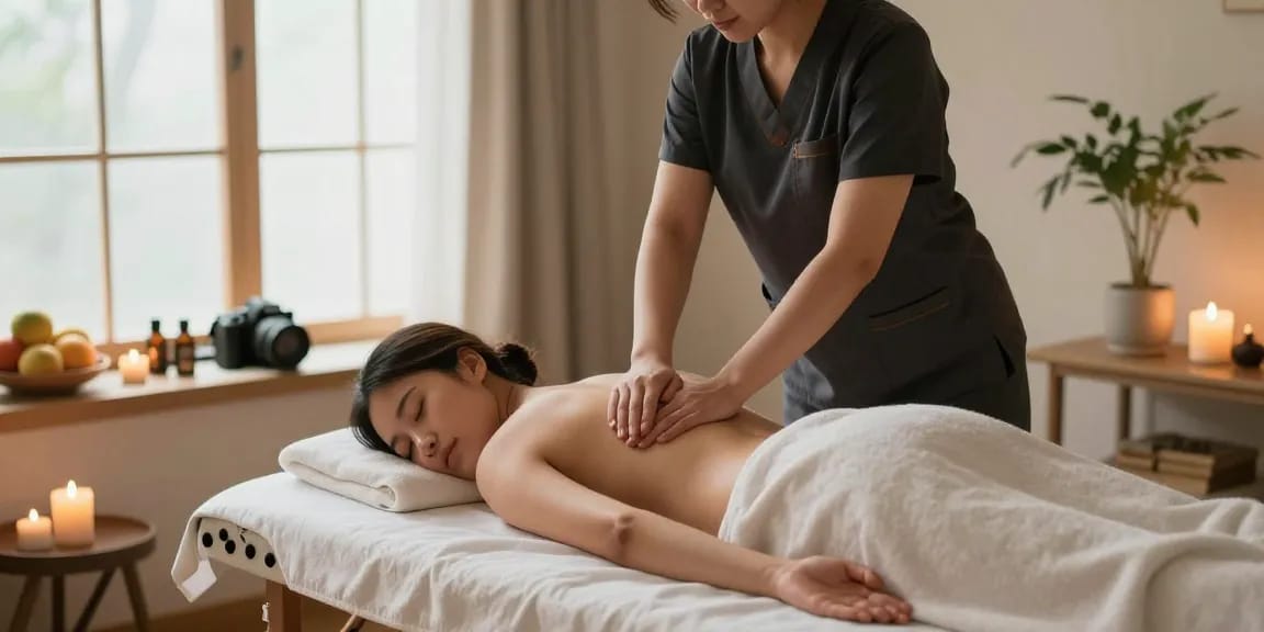 마사지 치료 중인 모습, 스웨디시 마사지와 아로마 오일로 편안한 분위기를 조성한 스파 공간.