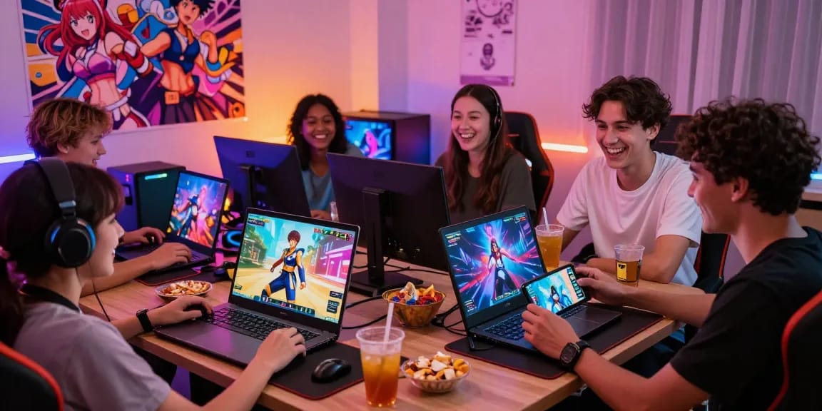 Exciting group of friends engaging in a multiplayer hentai game on various devices in a colorful gaming room.