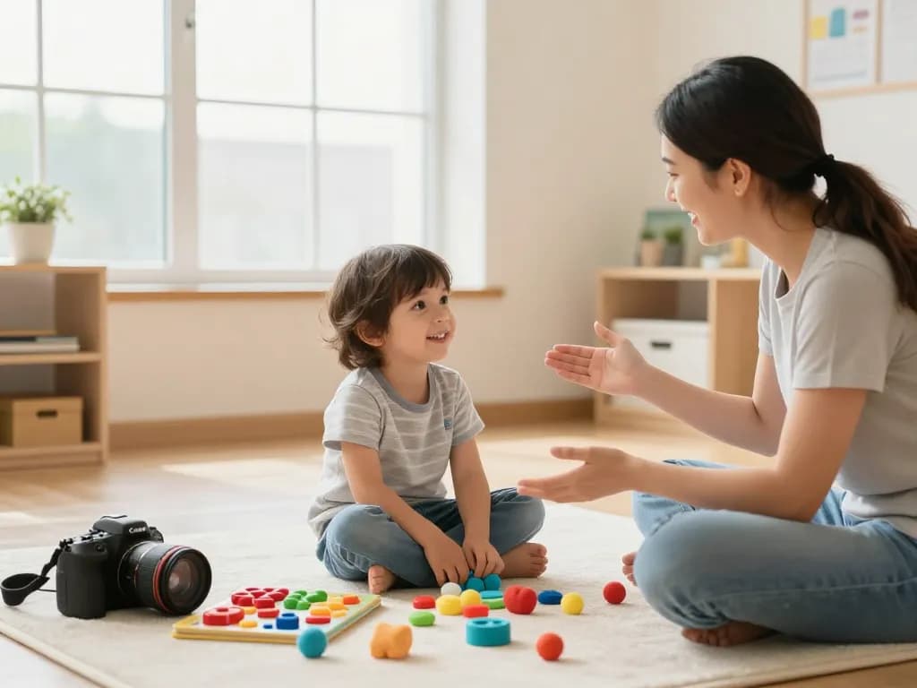 Engaging speech therapy session in Sydney, showcasing a child interacting with a therapist in a comforting clinic filled with educational tools.