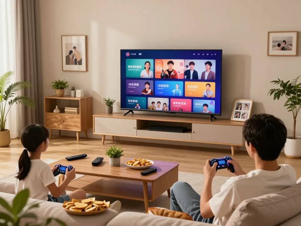 Familie geniet van IPTV TV in een gezellige woonkamer met levendige content.