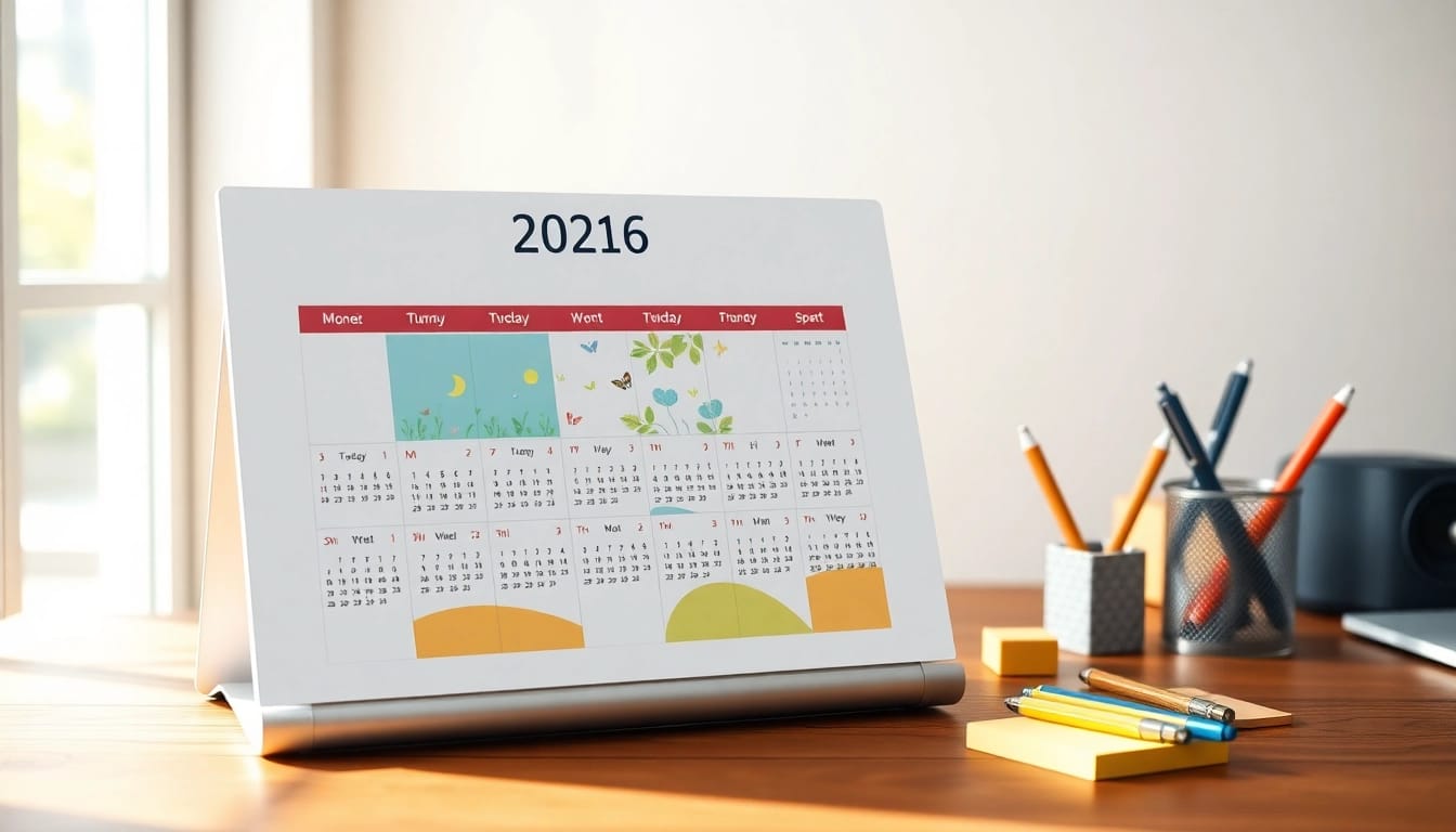 Explore the vibrant free calendar 2026 displayed on a wooden desk, promoting effective year planning.