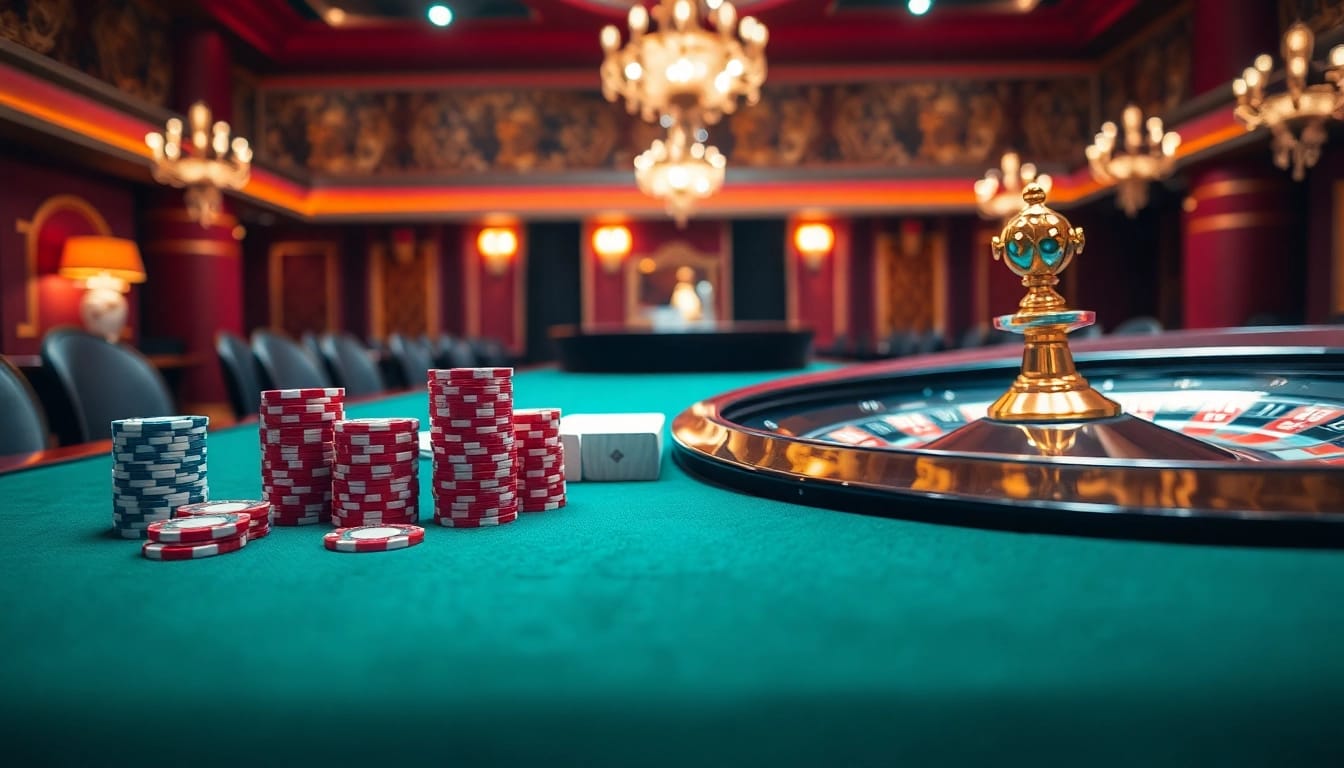 Trải nghiệm sự sang trọng của casino LUCK8 với bàn chơi sống động, chip poker và bánh xe roulette.