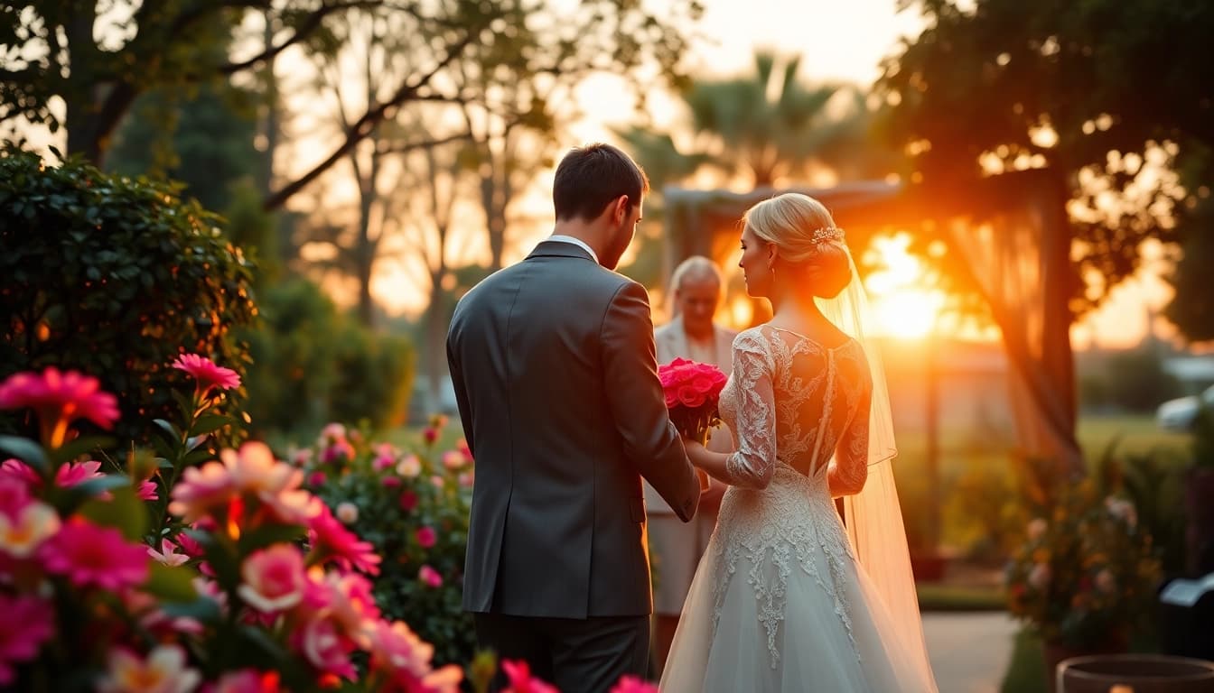 Wedding photographer capturing an enchanting outdoor ceremony amidst blooming gardens.