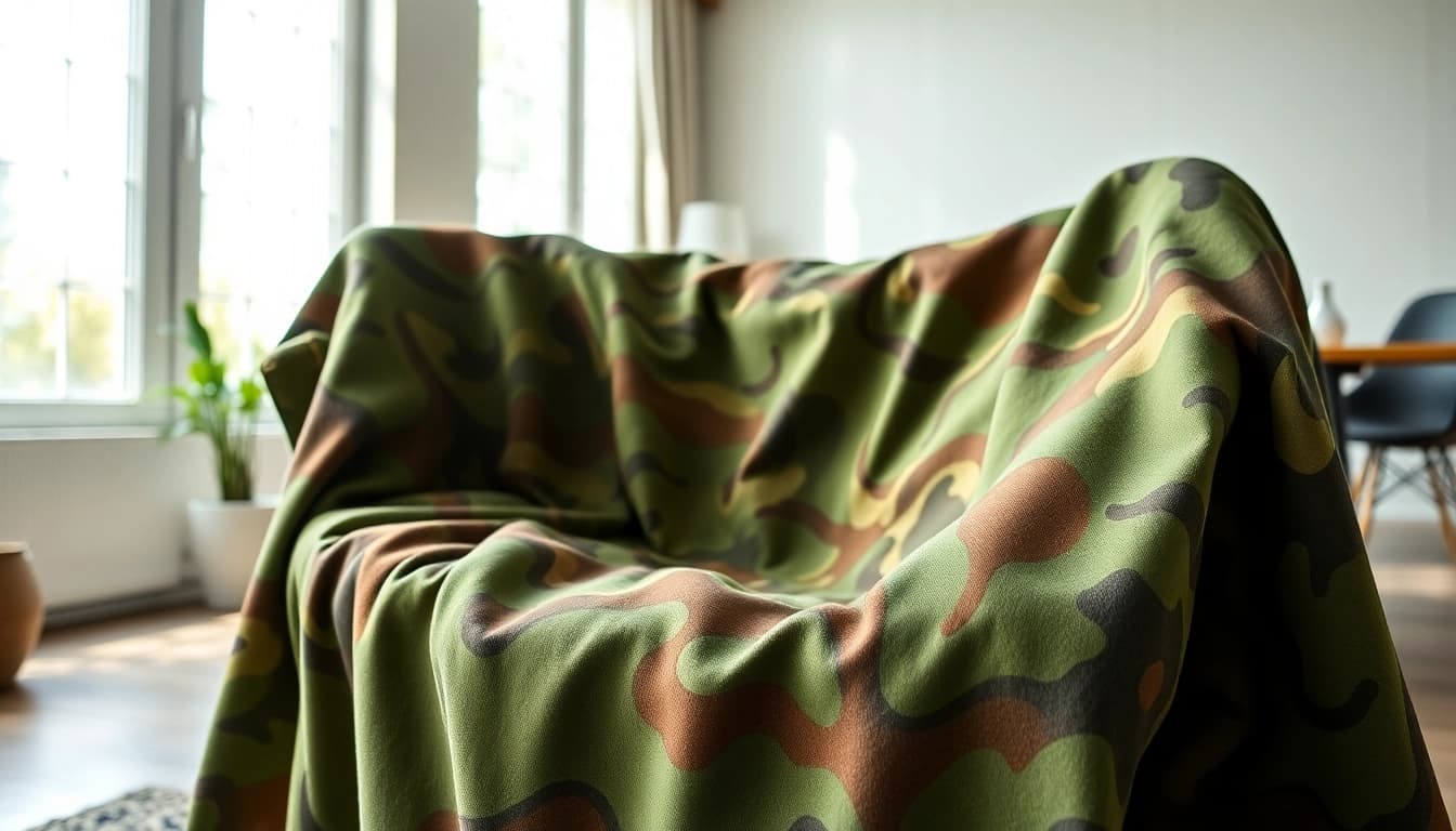 Katoenen stof van army print in een moderne woonkamer met mooie details en rijke kleuren.