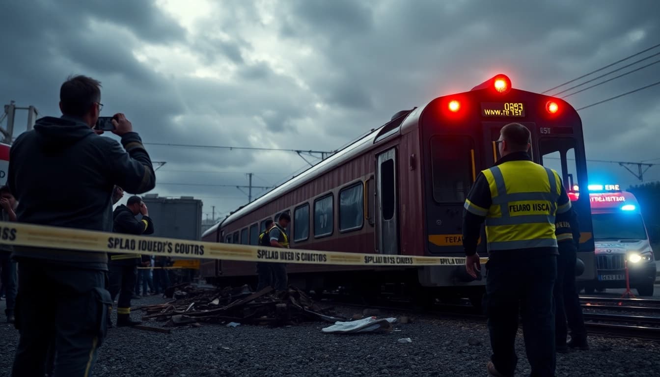 Emergency response at the spain train crash scene with responders assessing wreckage.