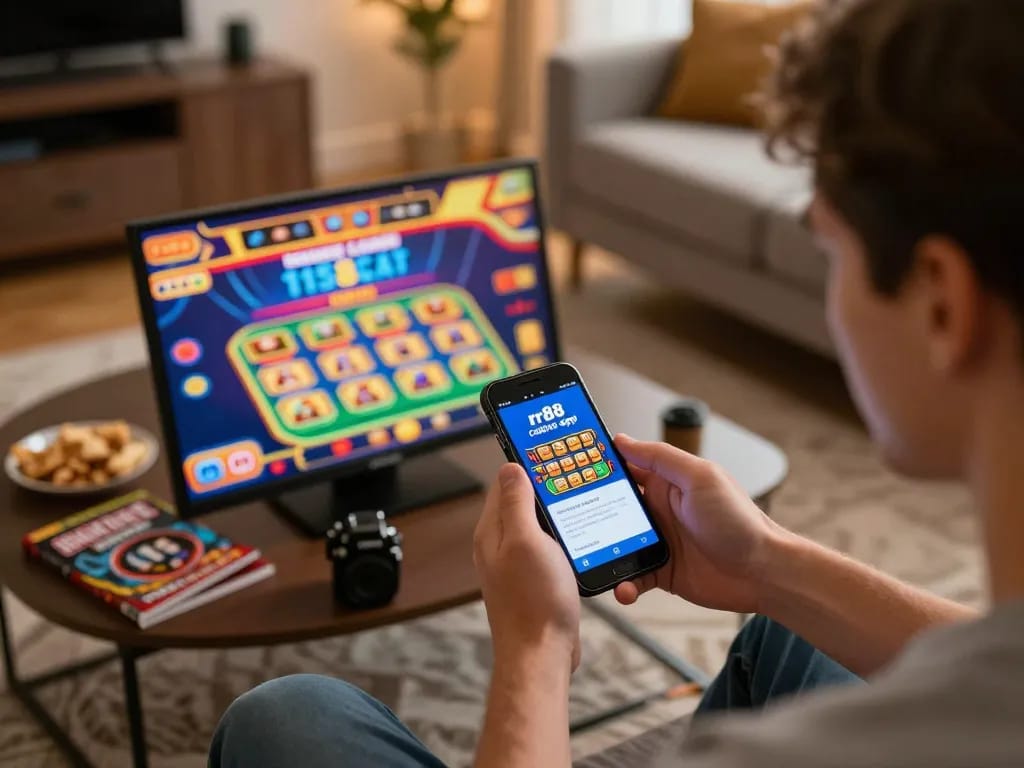 Engaging with the link rr88 casino app on a smartphone, featuring colorful gaming graphics in a cozy atmosphere.