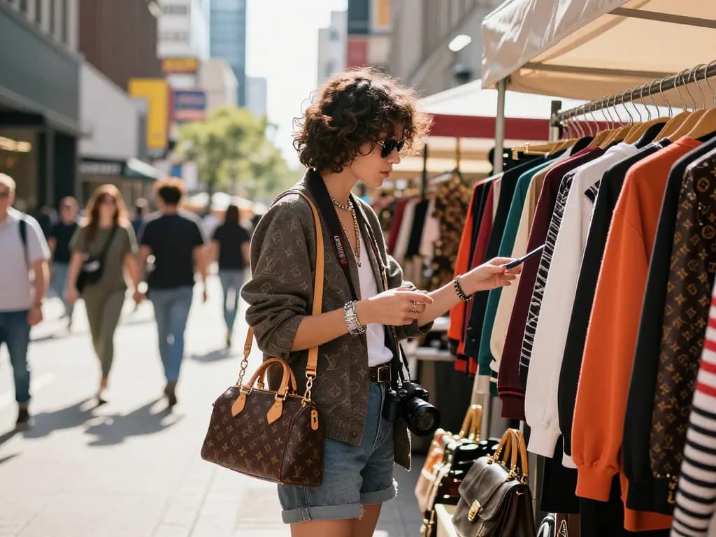Exploring a luxury 레플리카 쇼핑몰 at an urban market, featuring stylish apparel and accessories in a vibrant setting.
