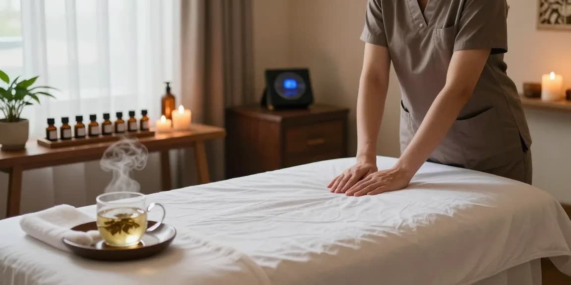 마사지 테라피스트가 준비하는 아늑한 스파 장면, 아로마 오일과 편안한 조명으로 휴식을 제공합니다.
