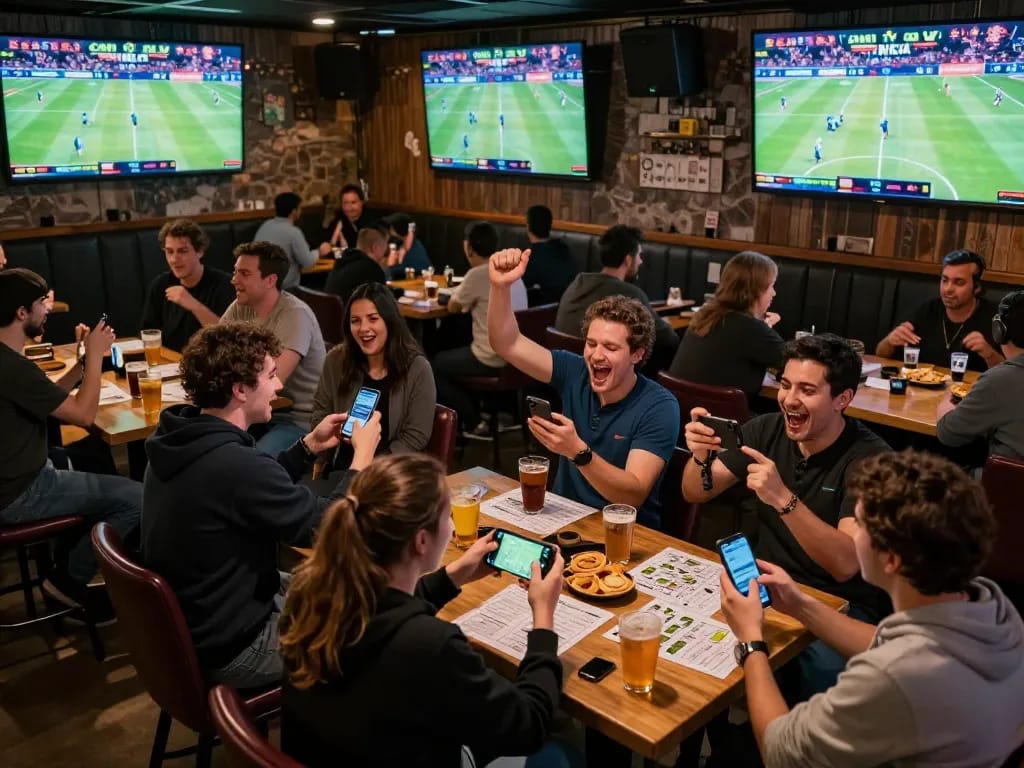 Cakhia TV live sports viewers engaged in betting and cheering at a busy sports bar.