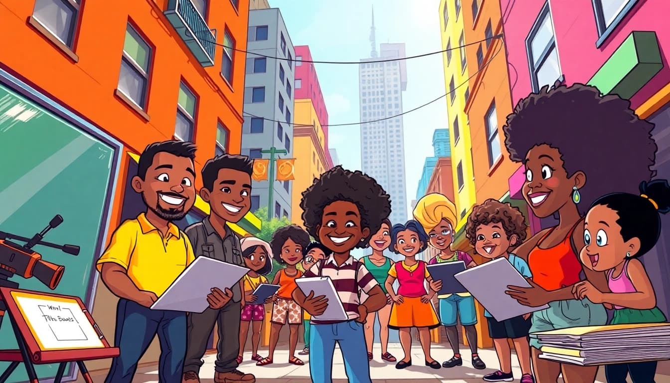 A vibrant urban scene showcasing beloved African American cartoons and characters celebrating diversity in animation.