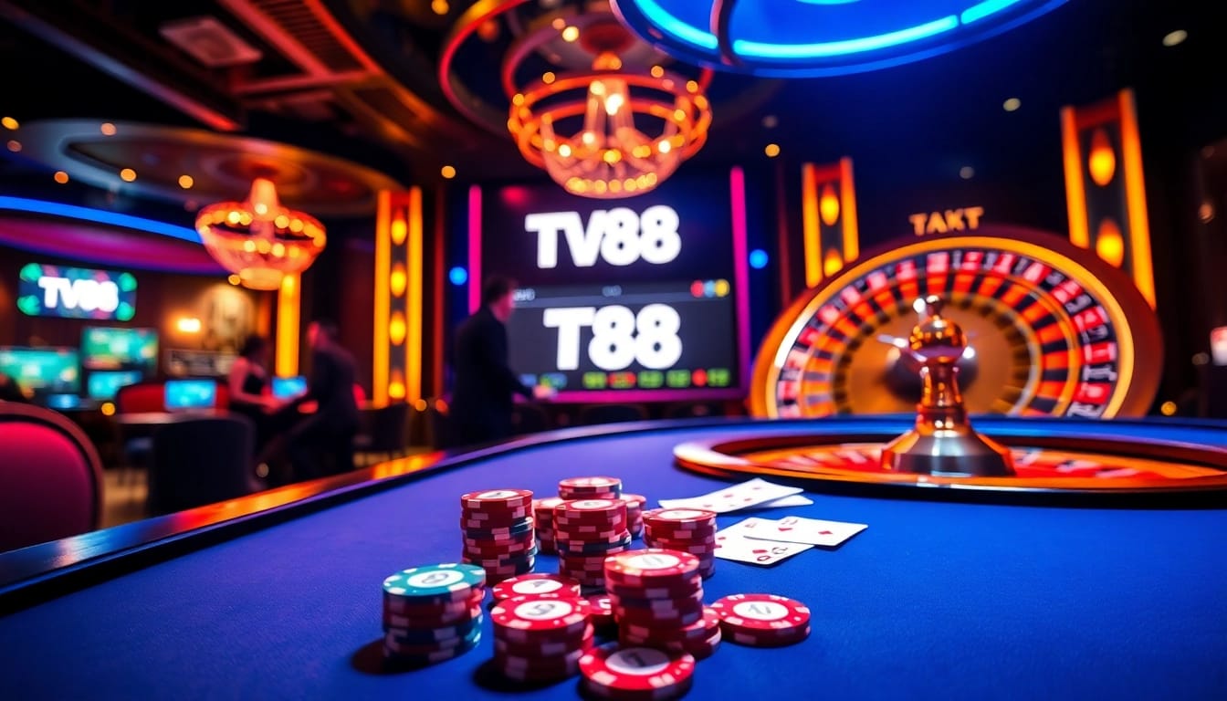 Experience vibrant gambling at TV88 with poker chips and roulette wheels in an online casino setting.