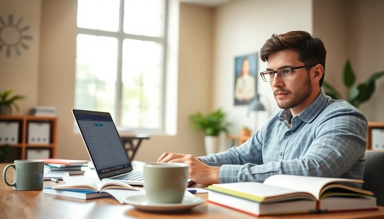 PMP exam support with a focused candidate studying in a modern office.