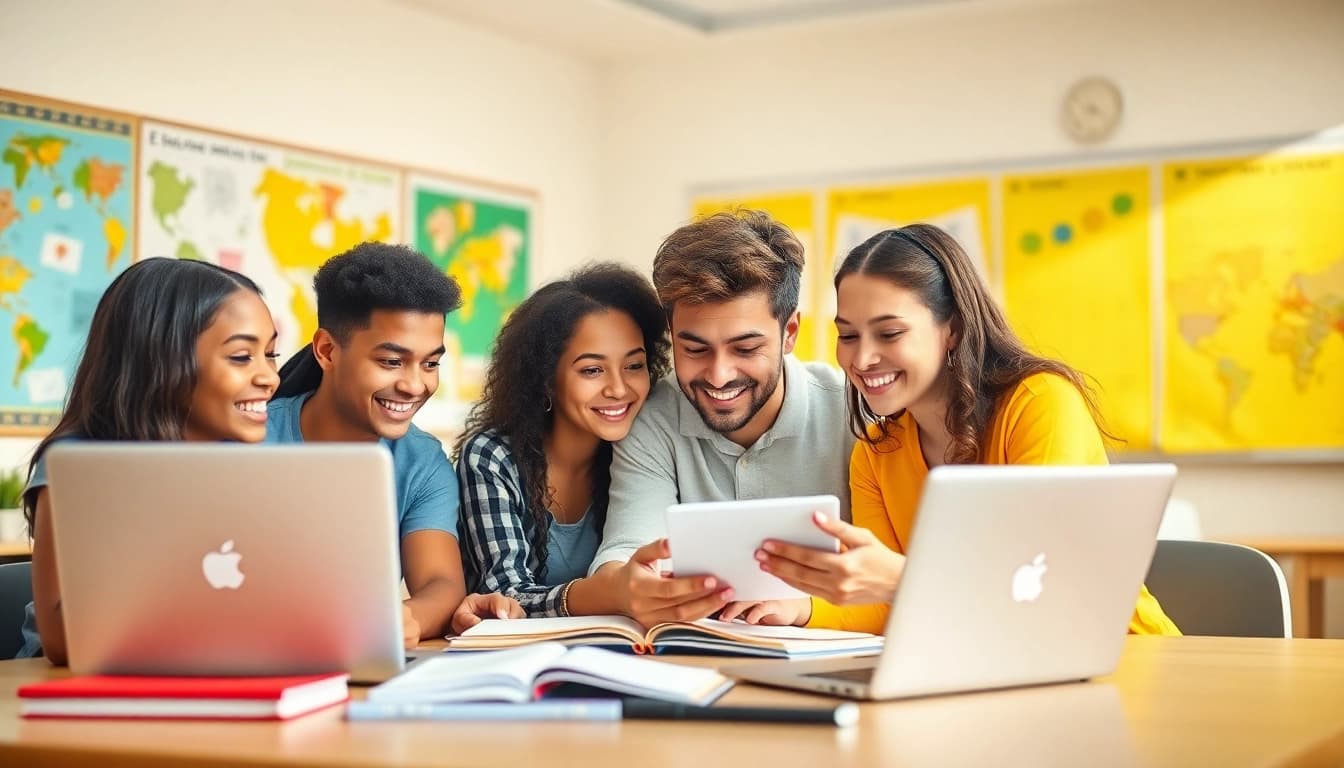 Education scene with diverse students collaborating in a modern classroom, showcasing learning tools and joy.
