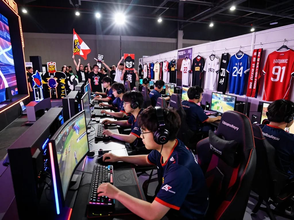 Dynamic ligasedayu esports tournament scene with enthusiastic players and cheering fans in vibrant venue.