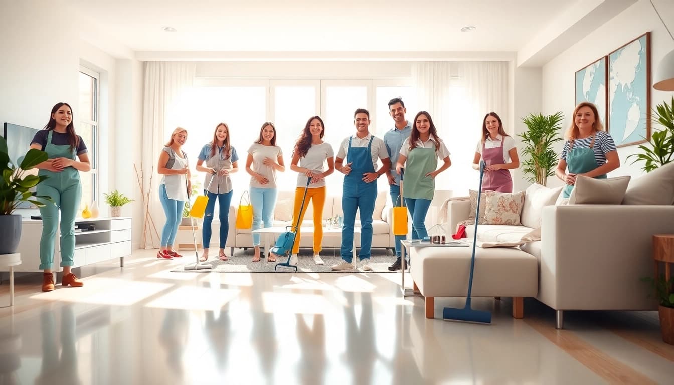 Cleaning Service professionals efficiently organizing a bright living room for clients.