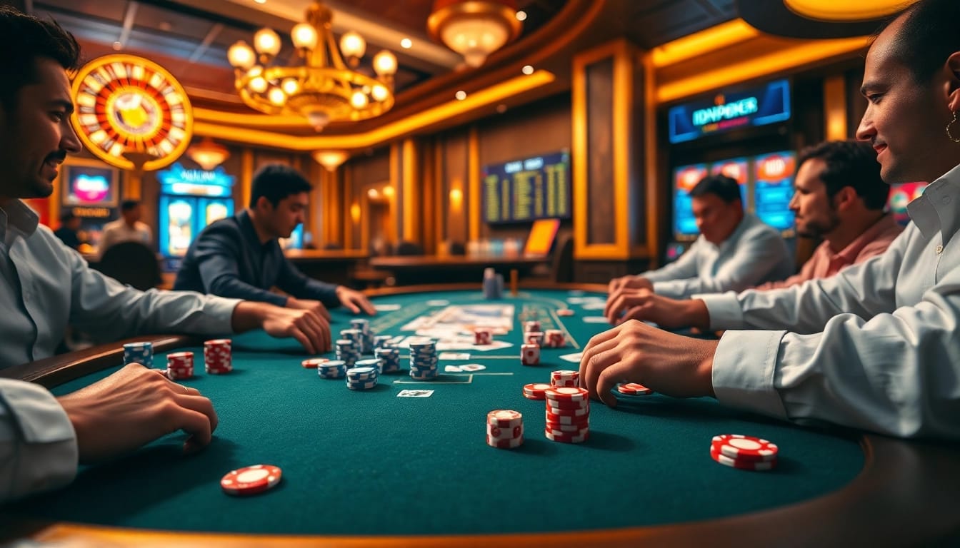 Experience IDN Poker excitement with professional players at a luxurious casino table.