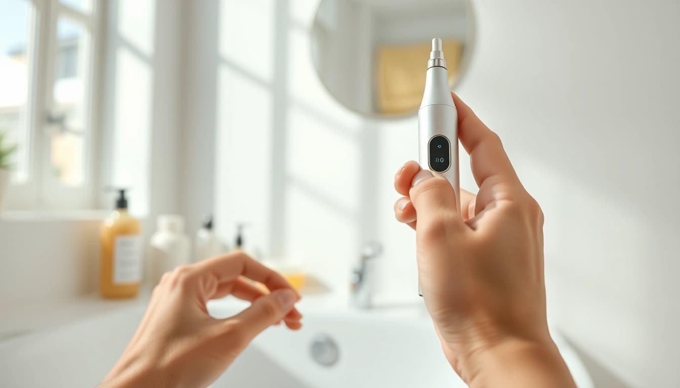 Painless mole freckle pen being used for skin treatment in a bright bathroom.