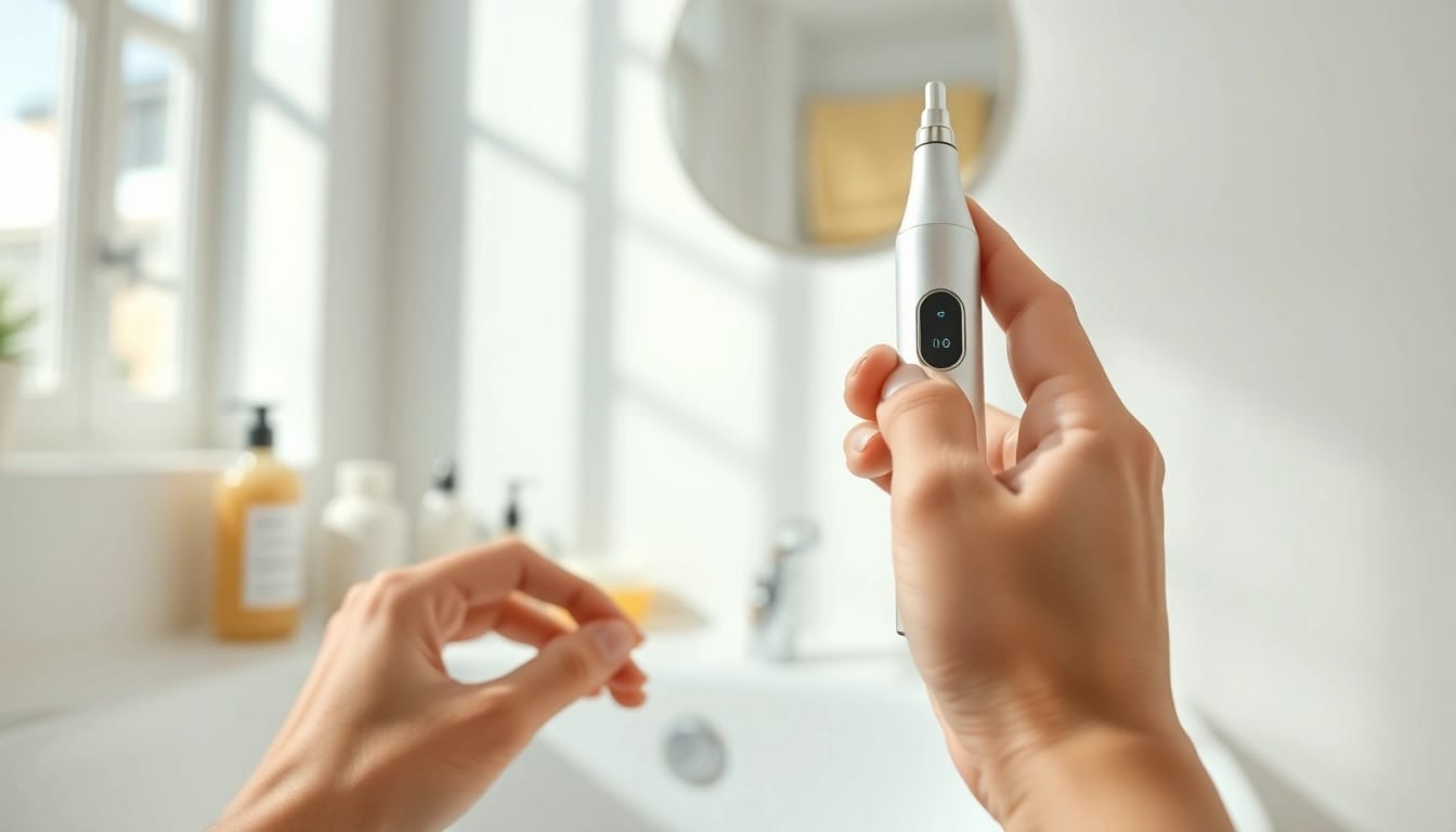 Painless mole freckle pen being used for skin treatment in a bright bathroom.