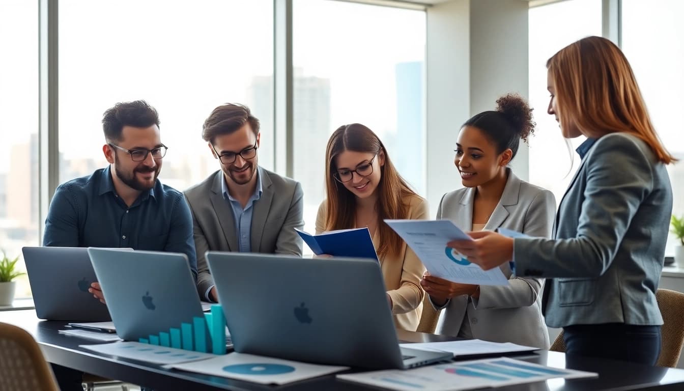Visual summary of Competitive intelligence for sales with a professional team analyzing data in an office