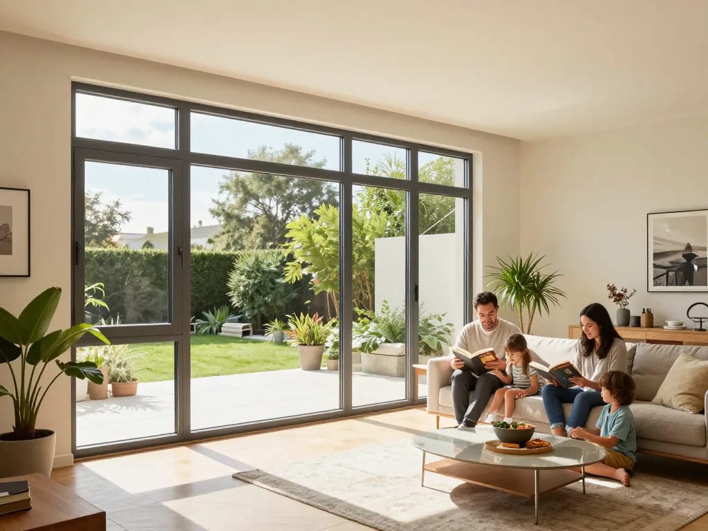 Elegante Fensterschüco Fenster in einem hellen Wohnzimmer, das Familienengagement und modernes Design zeigt.