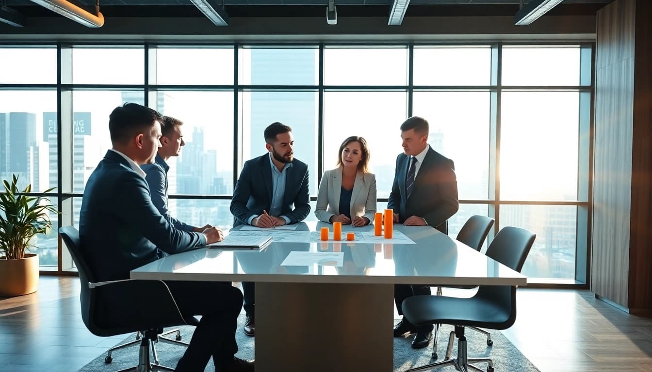 Analyze growth strategy trends with a diverse business team collaborating in a modern office space.