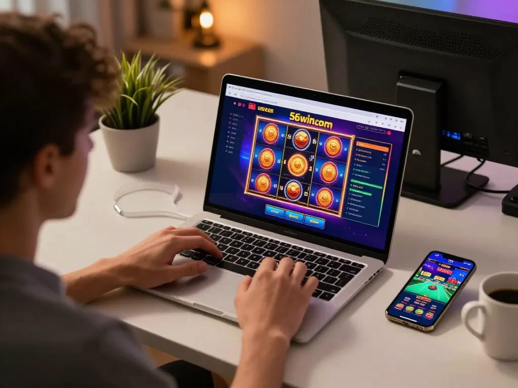 Engaging online gambling session on 56win.com with vibrant slot reels and focused player.