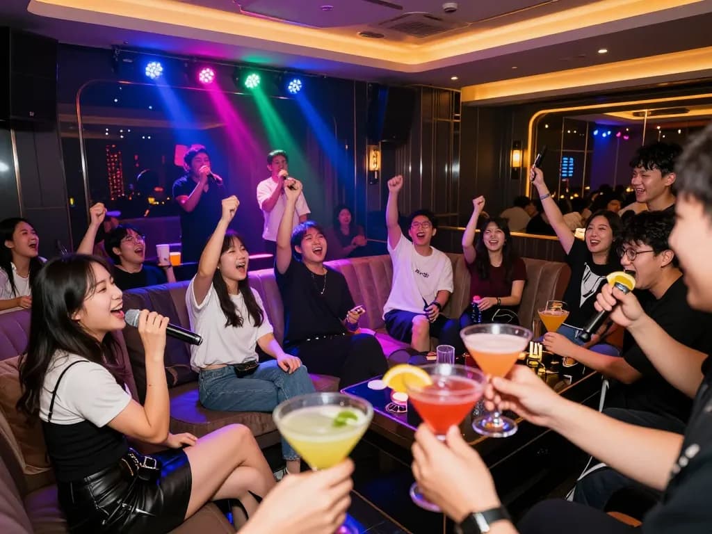 cocktail을 즐기며 노래하는 활기찬 군중과 함께한 gangnamtune.com/runrabbit의 노래방 밤.