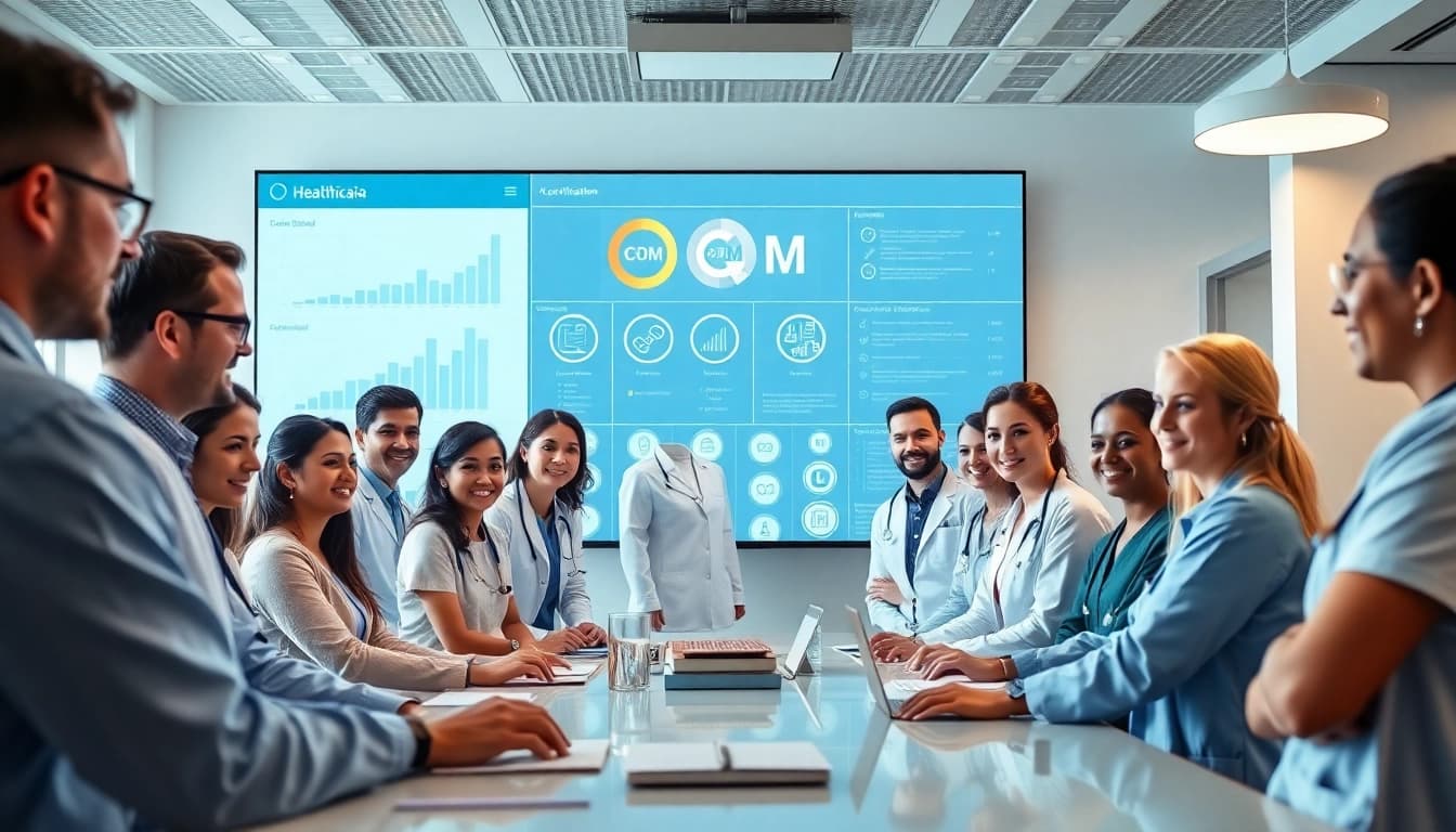 Healthcare team discussing cqm certification strategies in a modern workspace.
