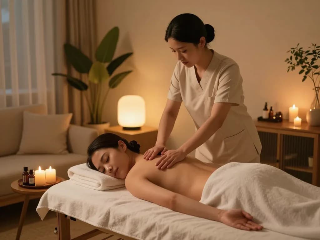 A serene at-home massage scene showcasing premium relaxation with https://www.banhanamsg.com/ services in a comfortable living room setting.