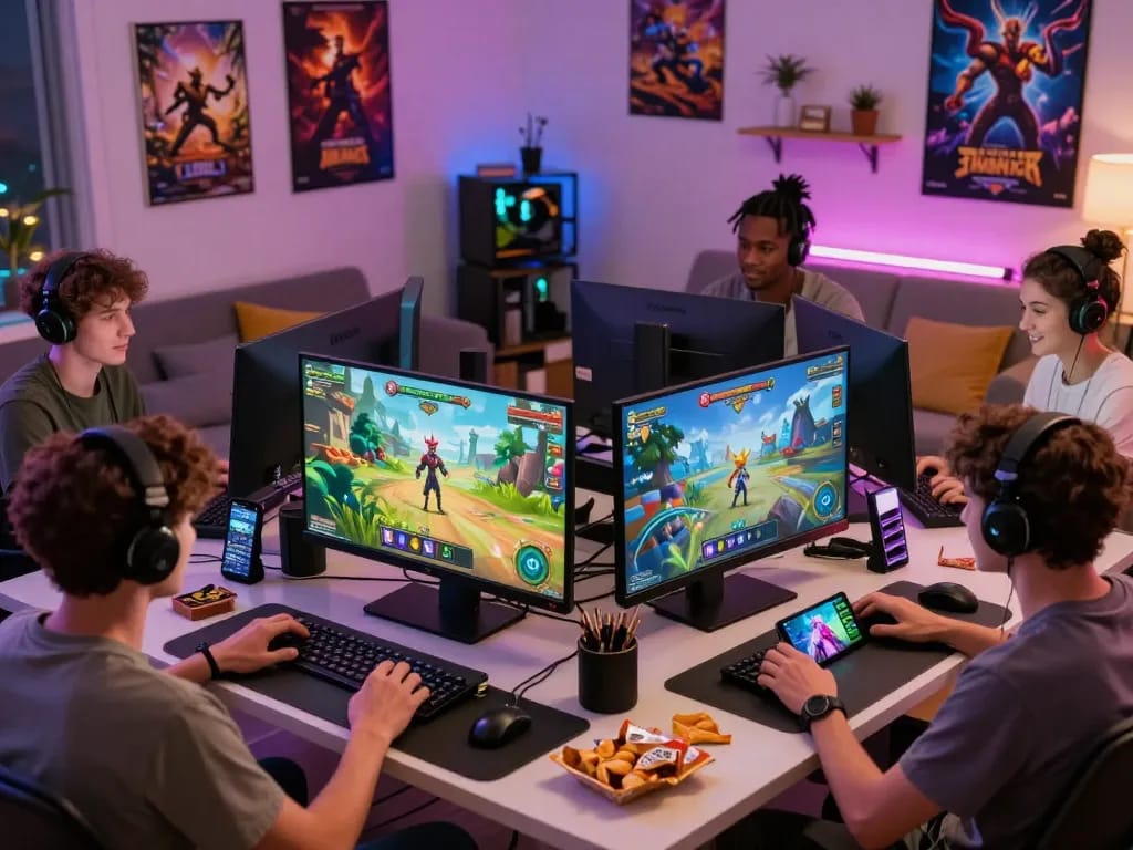 Players enjoying diverse xxx games in a cozy gaming room, showcasing vibrant graphics and engaging gameplay.