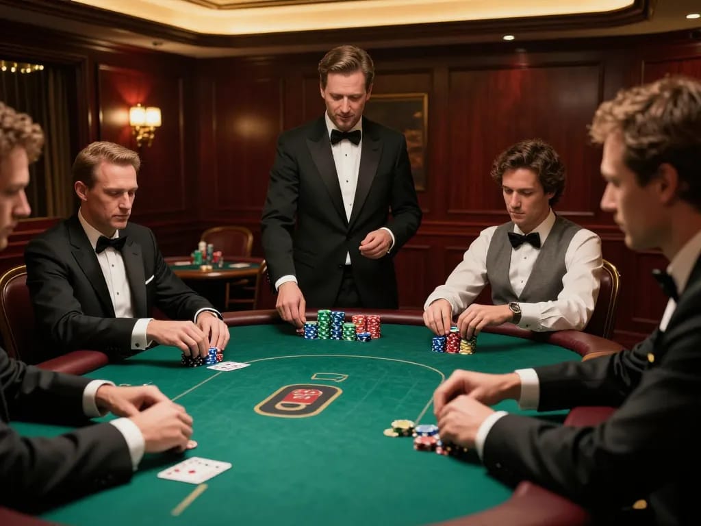 Permainan poker dengan taruhan tinggi di kasino mewah yang menunjukkan strategi di 88Pulsa.
