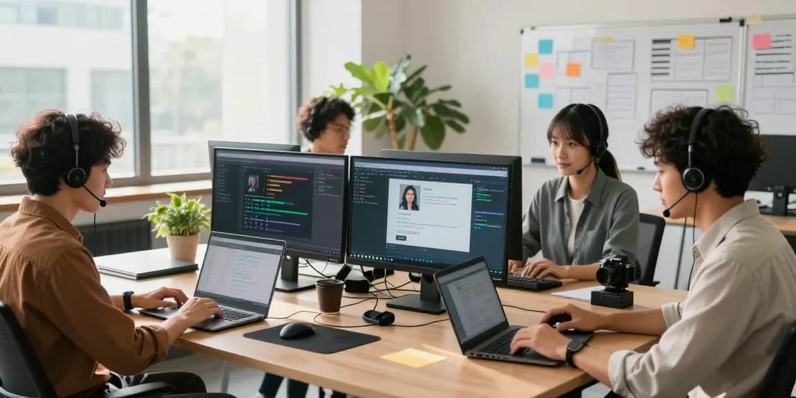 Remote IT support for small business team troubleshooting network issues in a vibrant office.