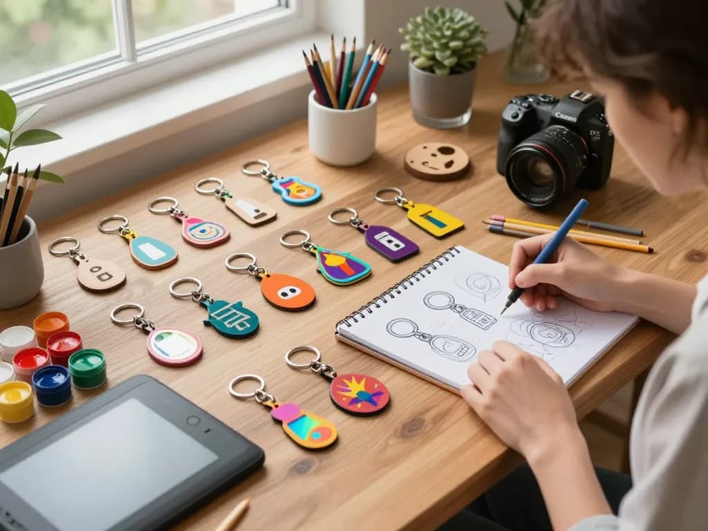 Engaging workspace featuring colorful custom key chains in various designs with a designer sketching ideas.