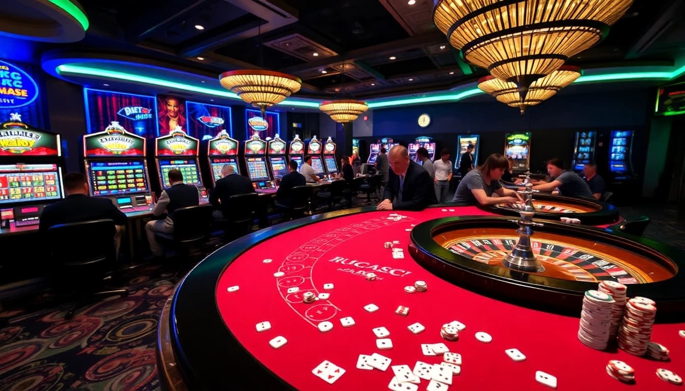 KJC AC 2 - A vibrant casino scene with players at tables and slot machines.
