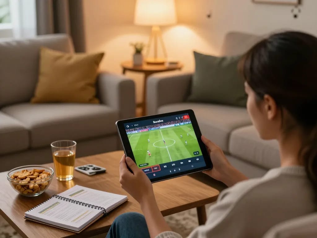 Socolive tv streaming football match on tablet in a cozy living room, offering engaging entertainment for fans.