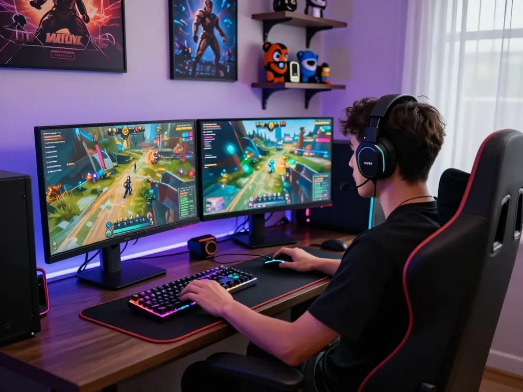 Gamer engaging with vibrant game graphics at ligasedayu.com setup, showcasing modern gaming accessories and atmosphere.