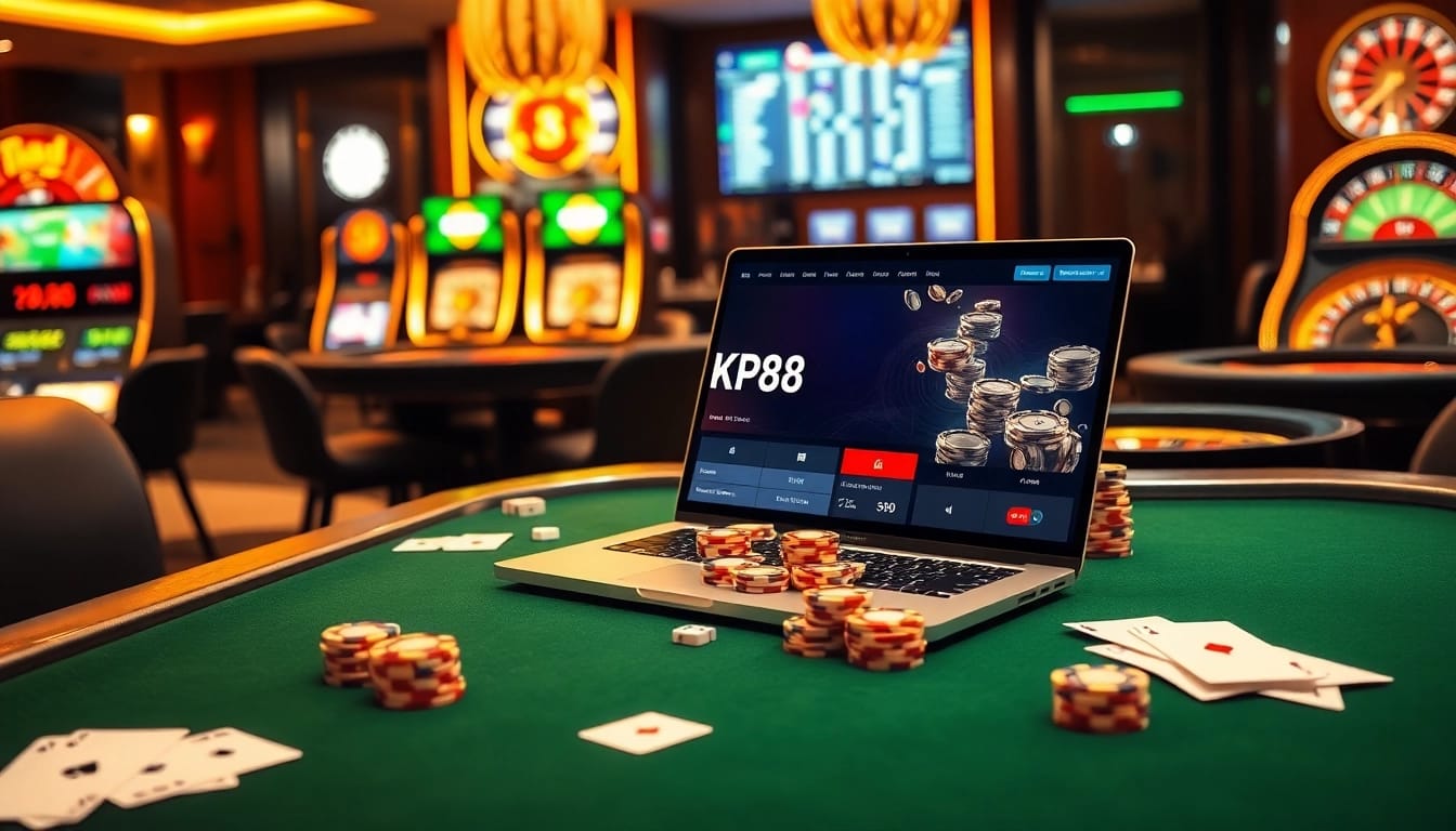 Kp88. com offers an exciting gambling experience with luxurious poker tables and vibrant slot machines.