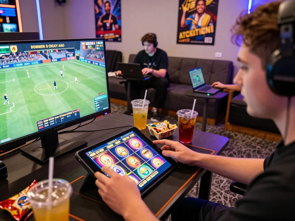 Engaging online gaming experience at https://sc881.com/ with diverse players enjoying vibrant graphics in a cozy lounge.