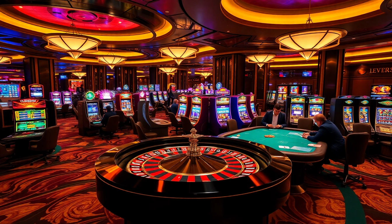 Play exciting casino games with Link Kuwin, showcasing vibrant tables and glowing slot machines.