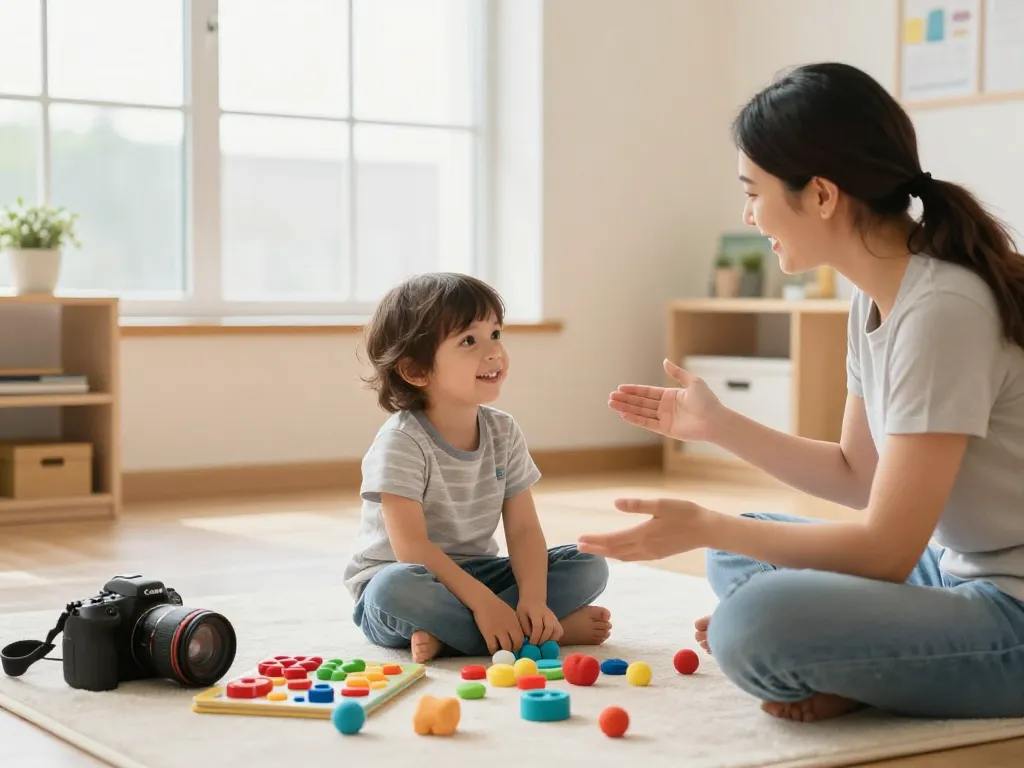 Engaging speech therapy session in Sydney, showcasing a child interacting with a therapist in a comforting clinic filled with educational tools.