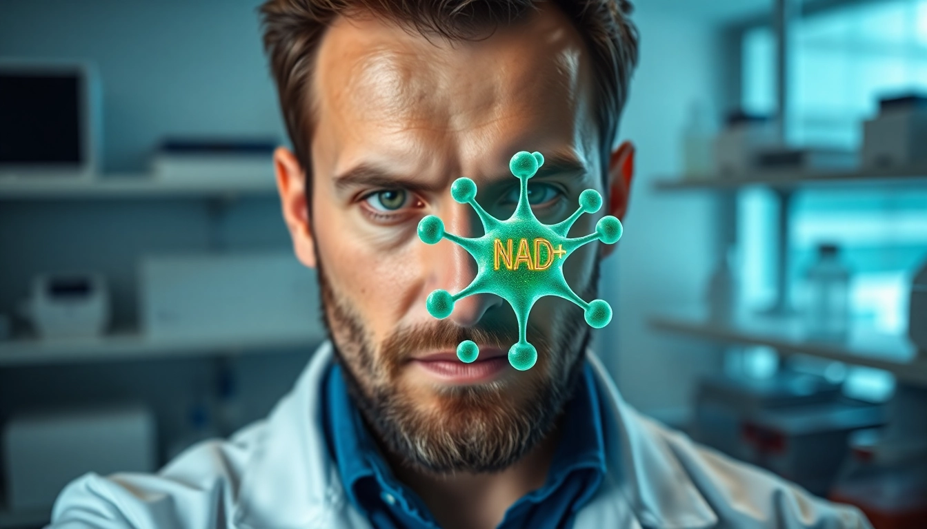 Visual representation of NAD+ molecular structure in a scientific laboratory setting.